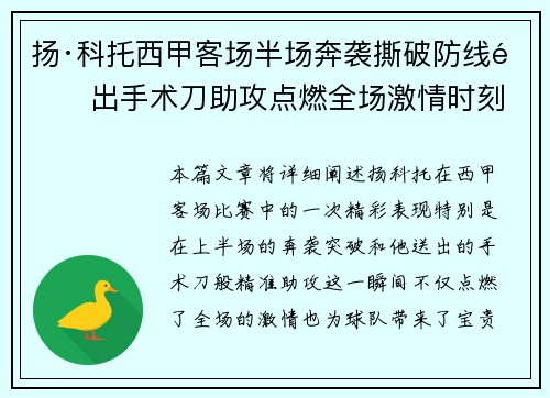 扬·科托西甲客场半场奔袭撕破防线送出手术刀助攻点燃全场激情时刻